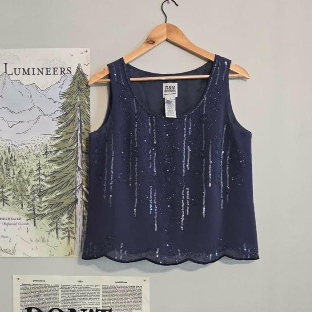 Vintage R&M Richards Beaded Navy Tank Top Scallop Hem
